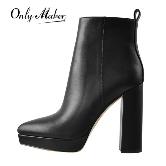 Onlymaker Women Ankle Boots Pointed Toe Black Matte Flock 12CM Chunky Heel Platform Booties Party Shoes Large Size Short Boots