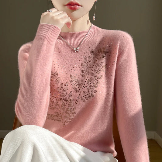 Fall/Winter New Half-high Neck Thickened Lady Diamond Wool Sweater Knitted Loose Bottom Shirt